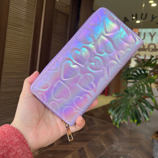 Monedero grande de corazones tornasol morado